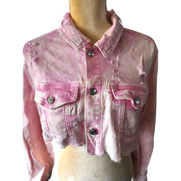 Madden NYC Cropped Tie Dye Raw Hem Pink White Denim Jean Jacket Size XL - Picture 4 of 6